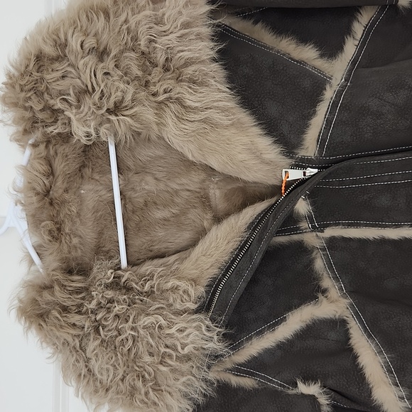 NWT Real Rabbit Leather and Shearling Jacket Real Wool Fur Collar Brown Coat - Picture 5 of 10